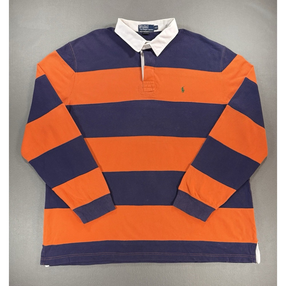 VTG Mens Polo Ralph Lauren Long Sleeve Rugby Striped Orange Blue Sz XXL Kanye